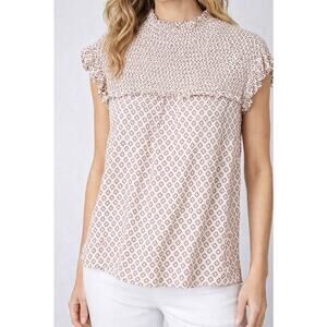 THML Anthropologie Smocked Yoke Flutter Sleeve Top Cream Geometric Print L